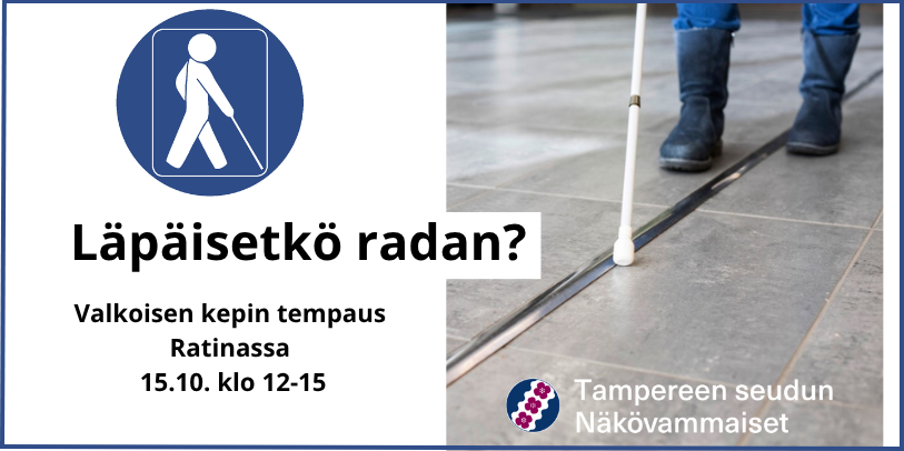 Läpäisetkö radan, valkoisen kepin tempaus. Oikealla kuvassa valkoinen keppi seuraa ohjauslistaa.